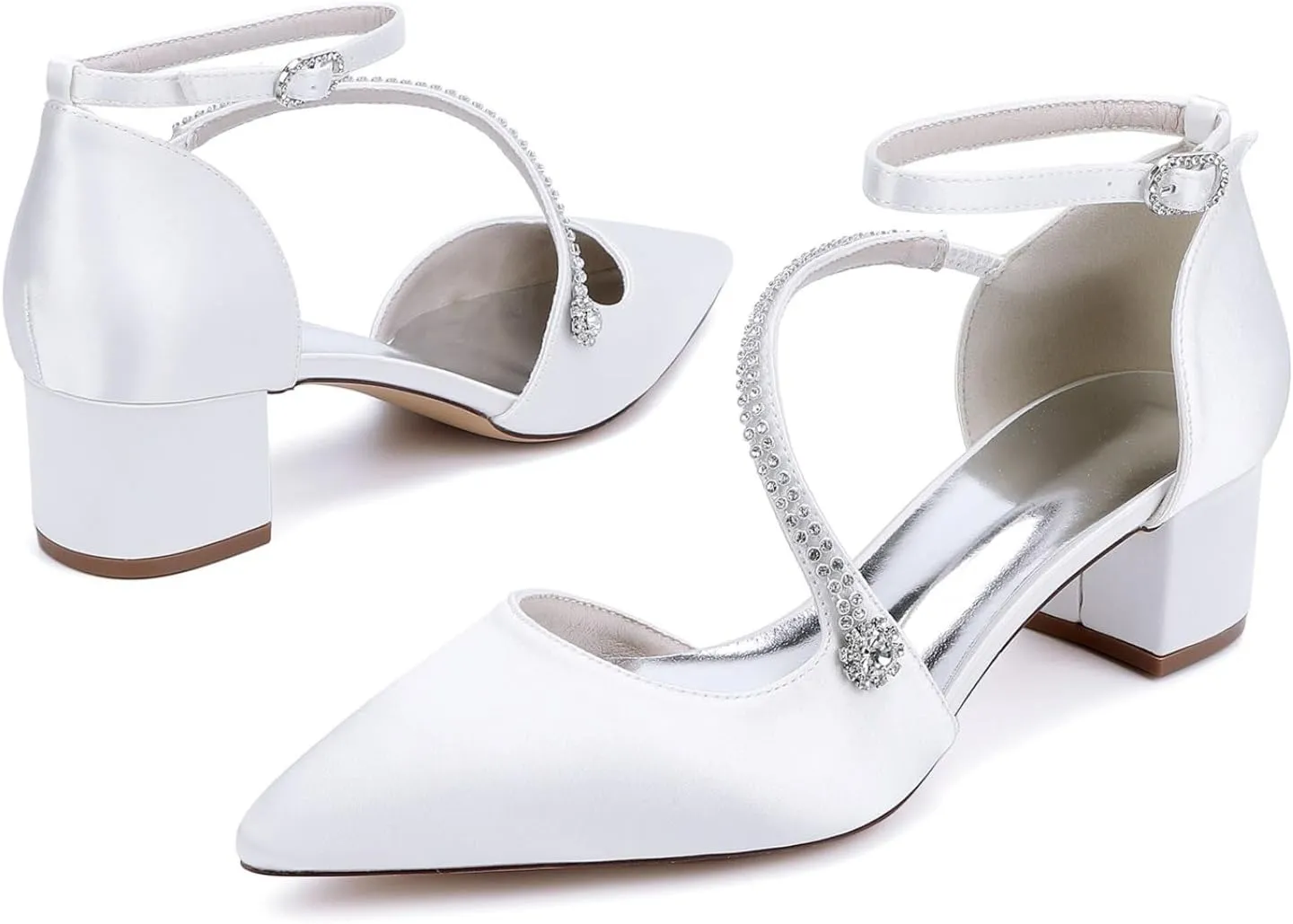 Wedding Bridal Shoes Women's Chunky Low Heels Pointed Toe Bridal Block Dress Ankle Strap Pump Wedding Sandals 4.5Cm