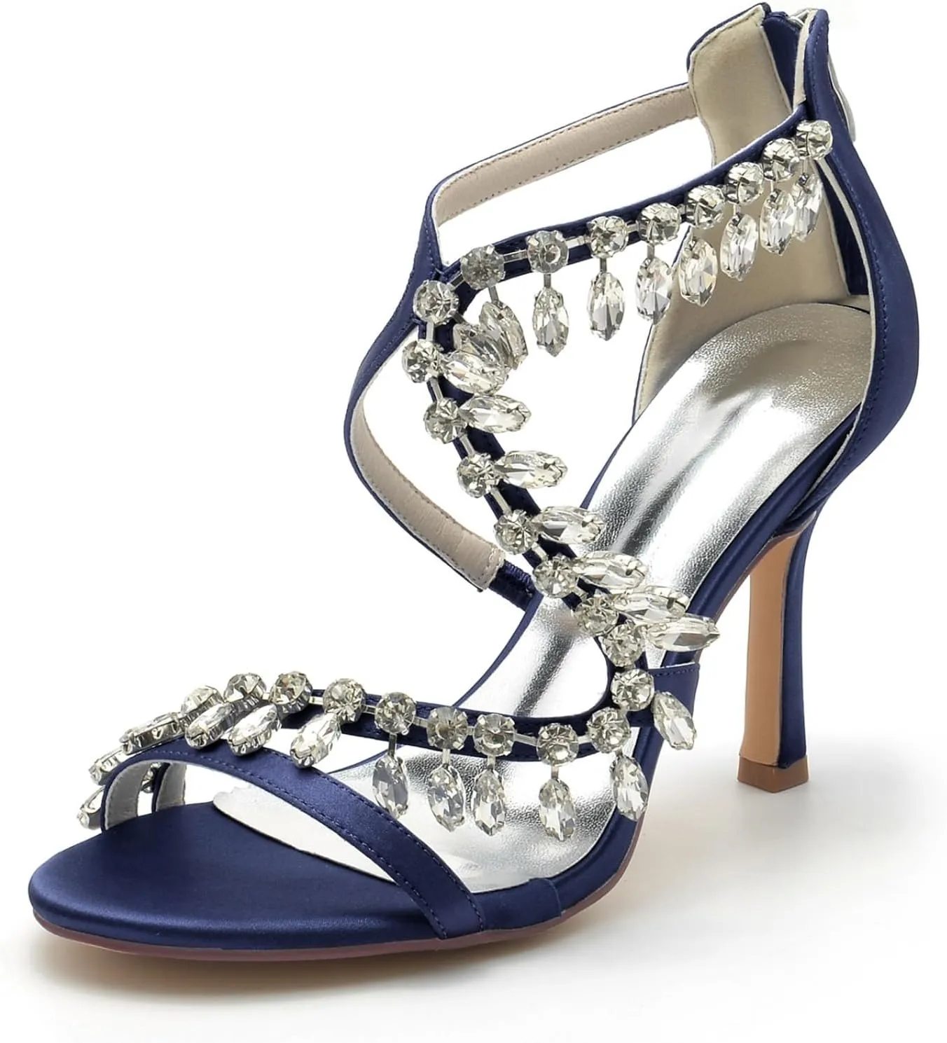 Wedding Bridal Shoes Womens Heeled Sandals Ankle Strap Buckle Open Toe Crystal Tassels High Stiletto Heel Pump Dress Party Shoes9.5Cm