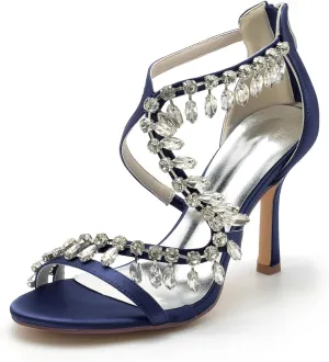Wedding Bridal Shoes Womens Heeled Sandals Ankle Strap Buckle Open Toe Crystal Tassels High Stiletto Heel Pump Dress Party Shoes9.5Cm
