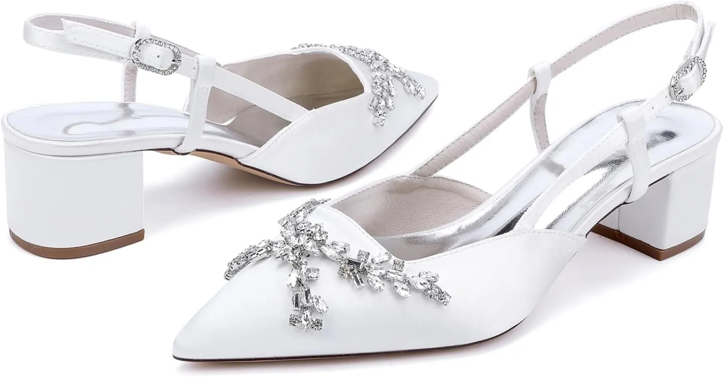 Wedding Bridal Shoes Women's Satin Bridal Low Block Heel Shoes Pointed Toe Party Dress High Heels 4.5Cm