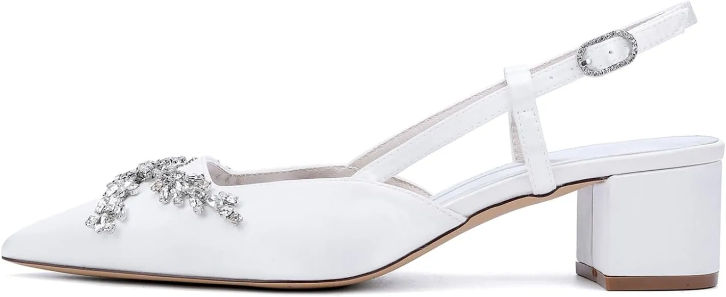 Wedding Bridal Shoes Women's Satin Bridal Low Block Heel Shoes Pointed Toe Party Dress High Heels 4.5Cm