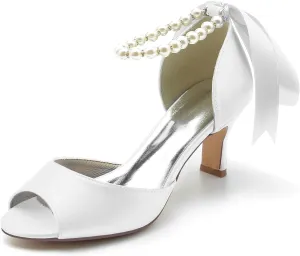 Wedding Bridal Shoes Womens Satin Kitten Heels Sandals Open Toe Ankle Strap Low Heels Wedding Dress Shoes 6Cm Women High Heels