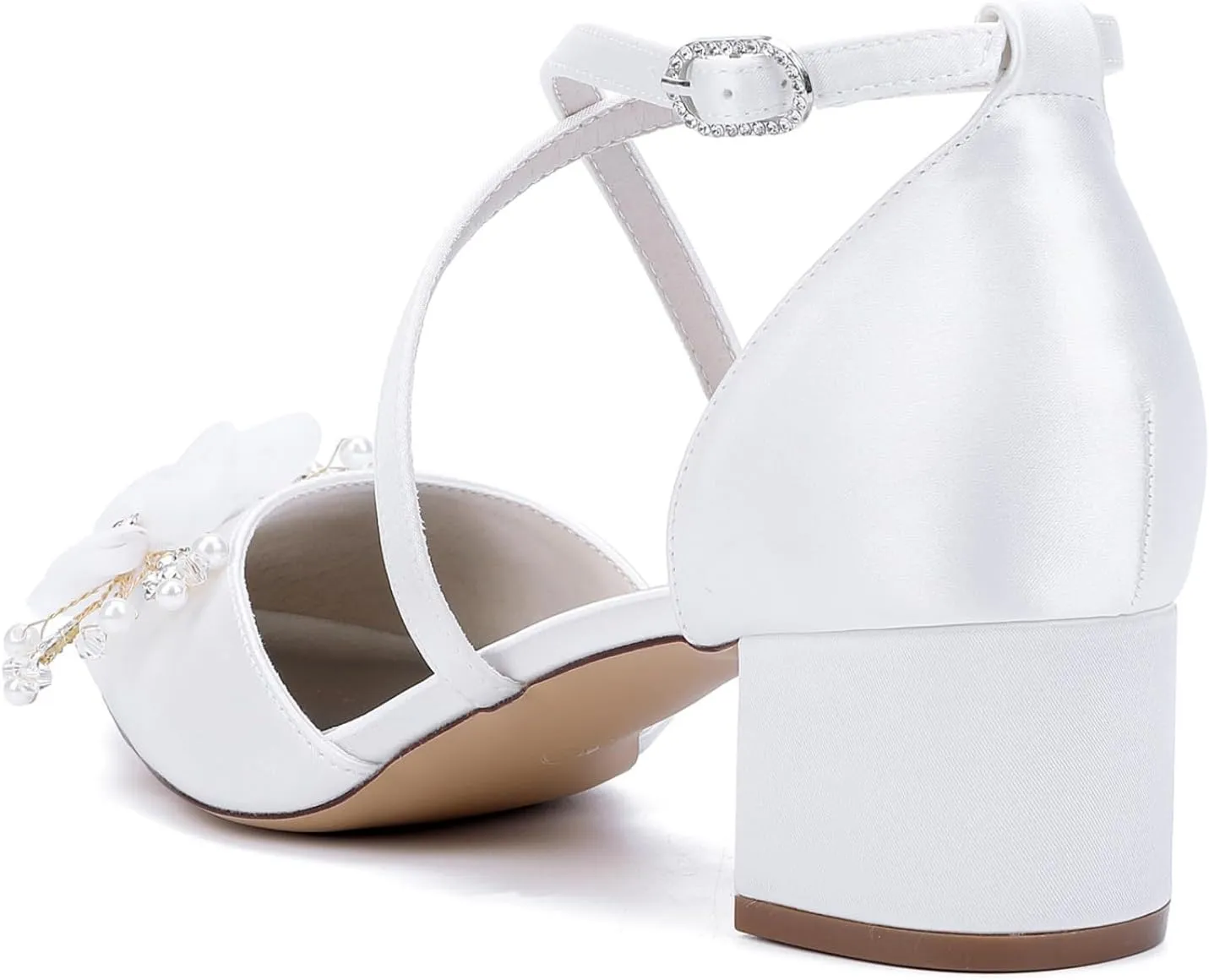 Wedding Bridal Shoes Women's Satin Low Block Heels Pointed Toe Party Dress High Heels Sandals 4.5Cm