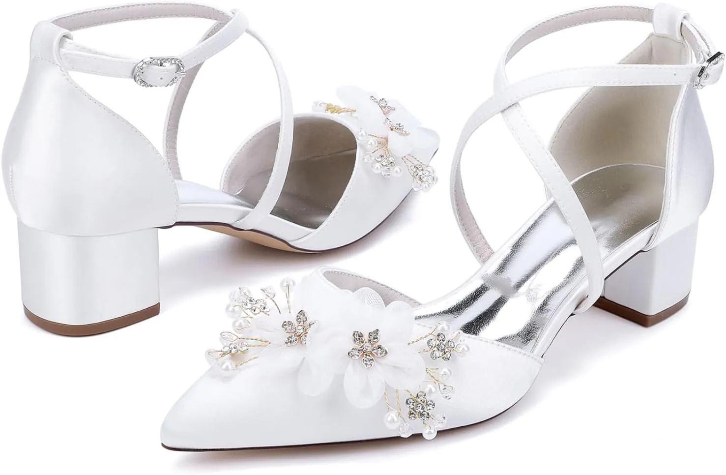 Wedding Bridal Shoes Women's Satin Low Block Heels Pointed Toe Party Dress High Heels Sandals 4.5Cm