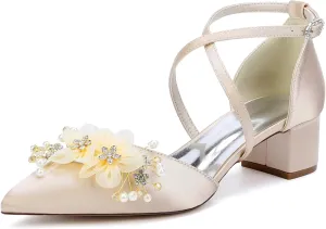 Wedding Bridal Shoes Women's Satin Low Block Heels Pointed Toe Party Dress High Heels Sandals 4.5Cm