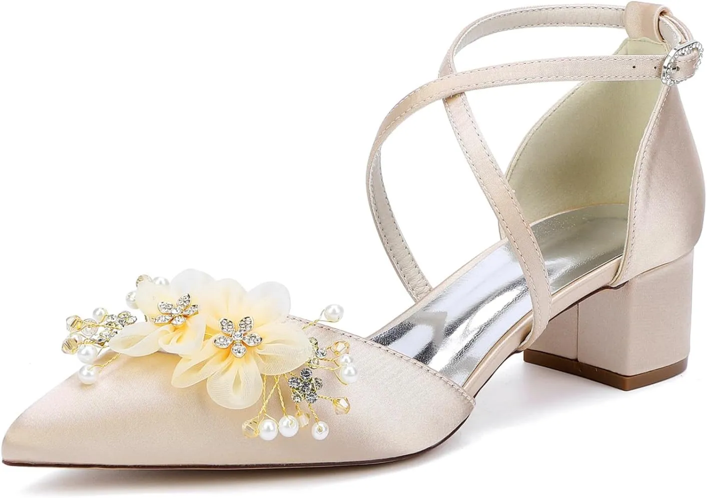 Wedding Bridal Shoes Women's Satin Low Block Heels Pointed Toe Party Dress High Heels Sandals 4.5Cm