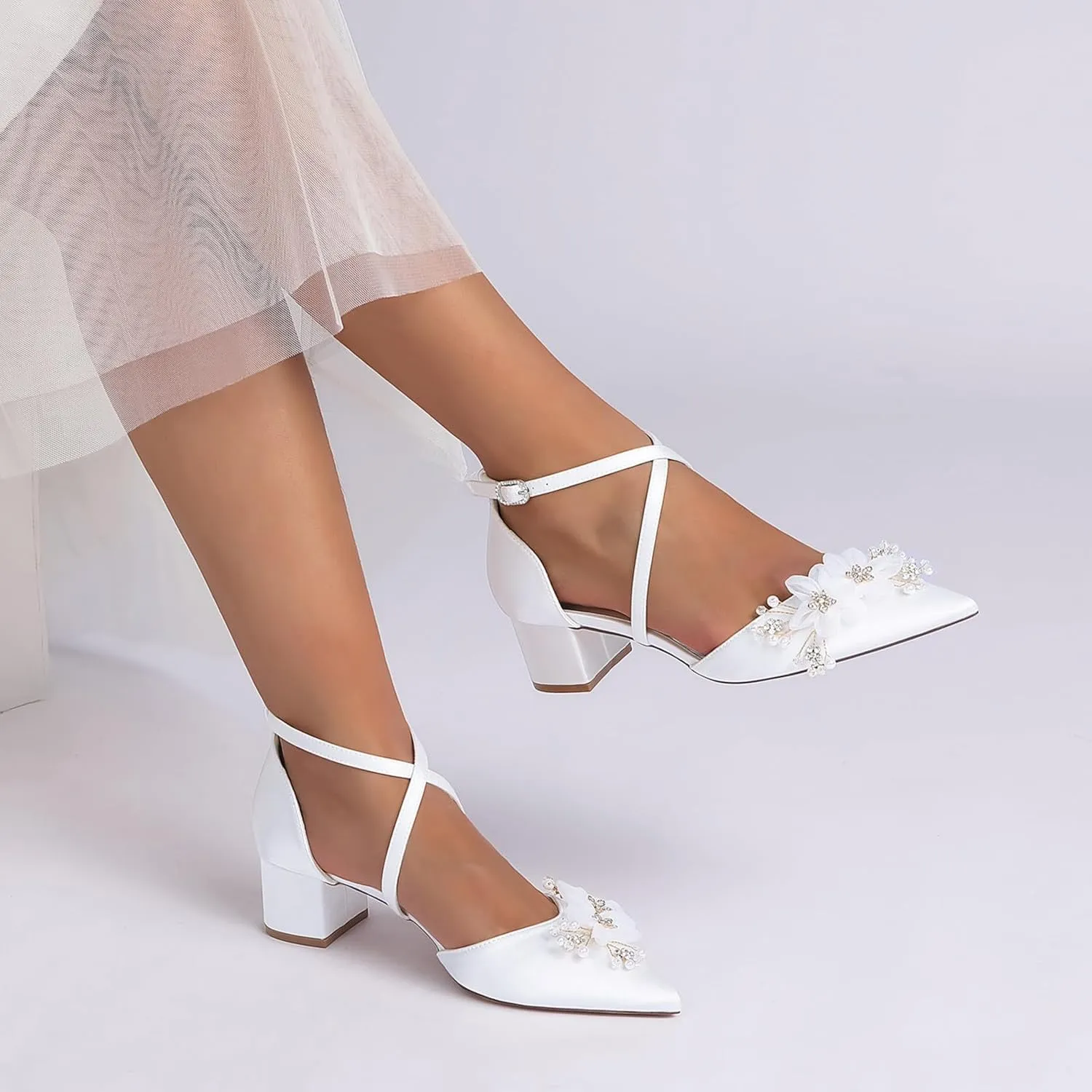 Wedding Bridal Shoes Women's Satin Low Block Heels Pointed Toe Party Dress High Heels Sandals 4.5Cm