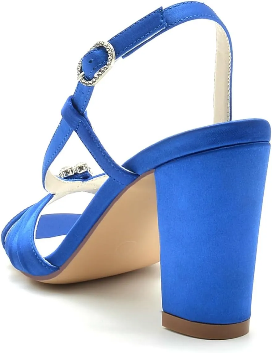 Wedding Shoes Bridal Heels for Women Block Chunky Satin Open Toe High Heels Fashion Party Evening Prom Dance Ankle Strap Dress Pump Sandals Shoes8.5Cm