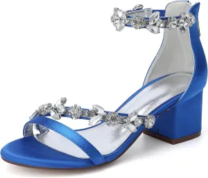 Wedding Shoes Rhinestones 5.5CM Wide Heel Adjustable Ankle Strap Women's Bridal Shoes Open Toe Formal Sandal Pump Satin Zipper Back
