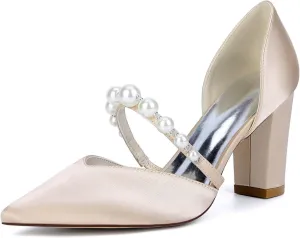 Wedding Shoes Women's Heels,Satin Pumps, Nude Heels for Women,Chunky Heels Bridal Women,Pointed Toe Dress Office Wedding Shoes 8.5Cm