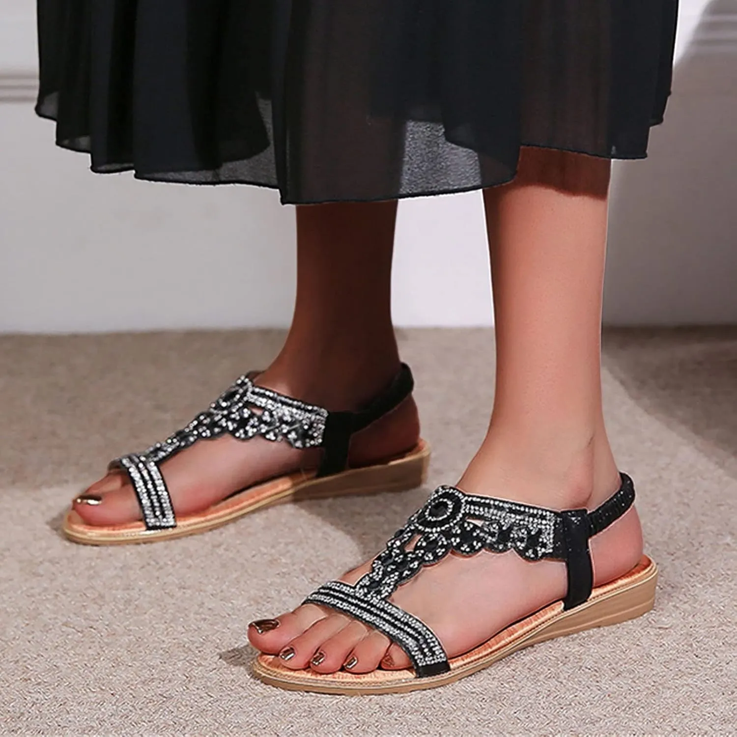 Wedge Sandals for Women 2024 Ladies Summer Fashion Rhinestone Bohemian Slope Heel Hollow Solid Colour Soft Flat Bottom