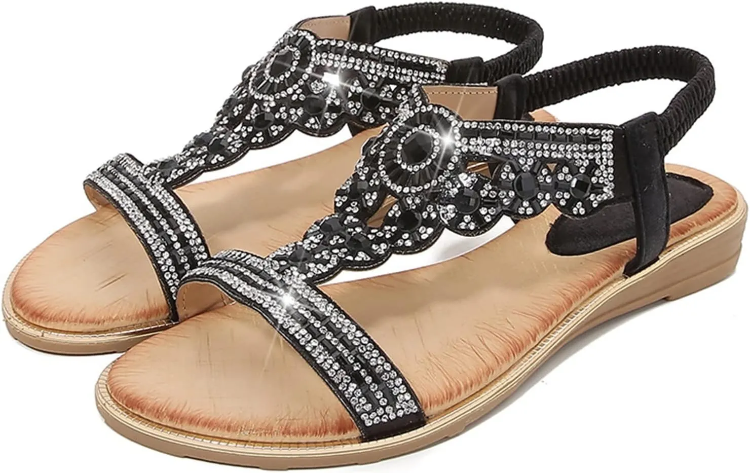 Wedge Sandals for Women 2024 Ladies Summer Fashion Rhinestone Bohemian Slope Heel Hollow Solid Colour Soft Flat Bottom