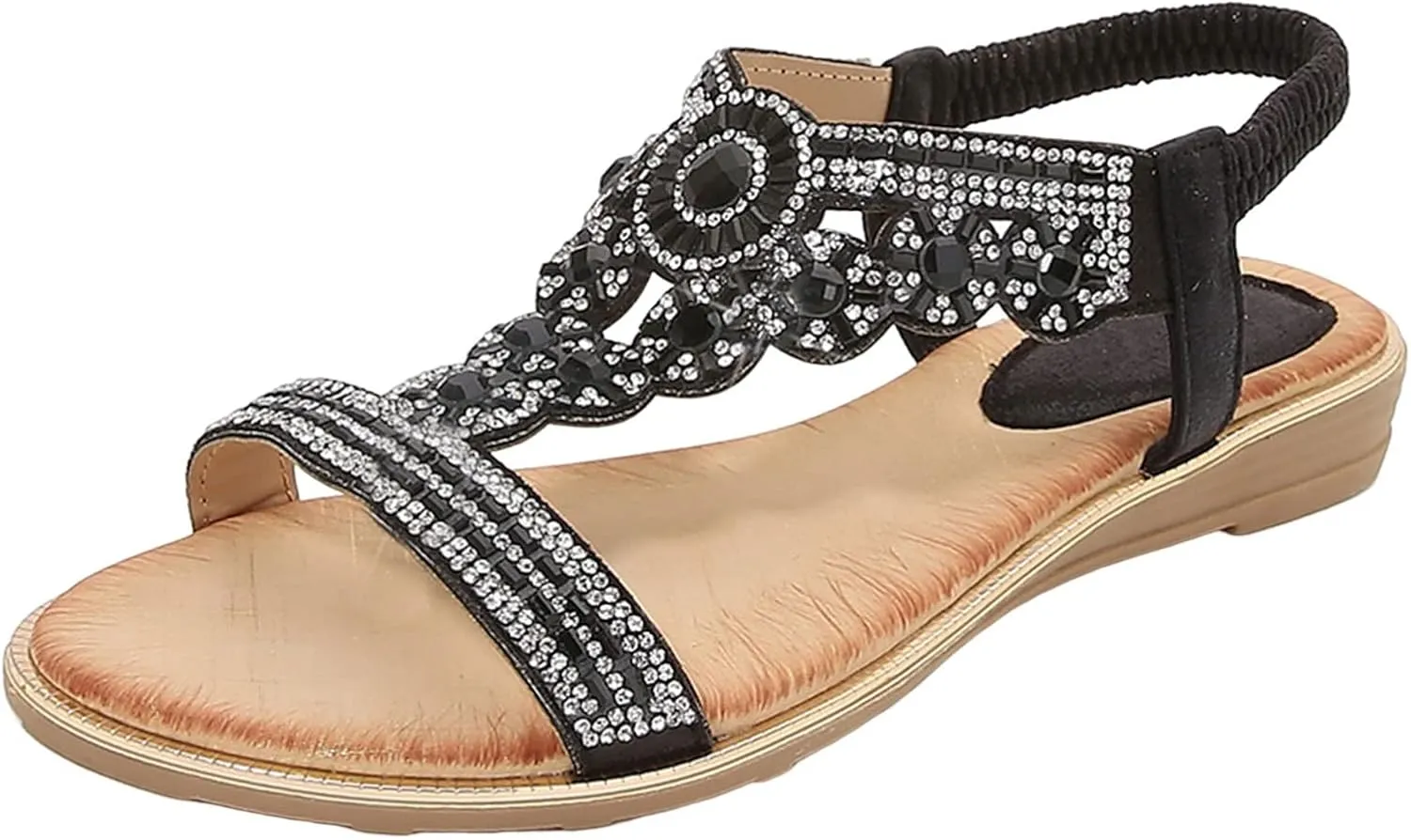 Wedge Sandals for Women 2024 Ladies Summer Fashion Rhinestone Bohemian Slope Heel Hollow Solid Colour Soft Flat Bottom