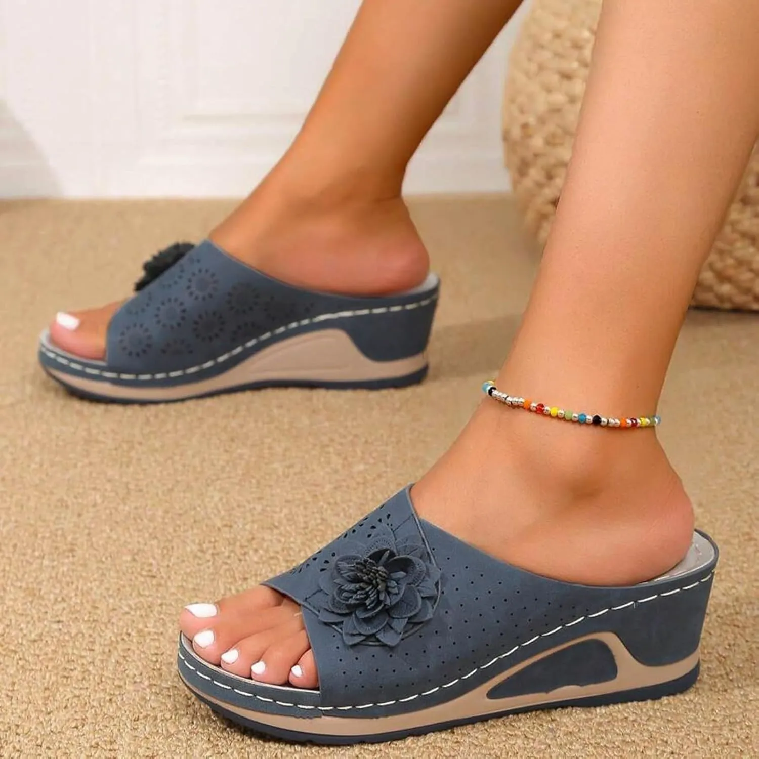 Wedge Sandals for Women 3D Floral Cutout Sandal Dressy Low Heel Arch Support Sandals Soft Insole Orthopedic Slippers Retro Bohemian Wedge Summer Shoes Casual Slip On Shoe