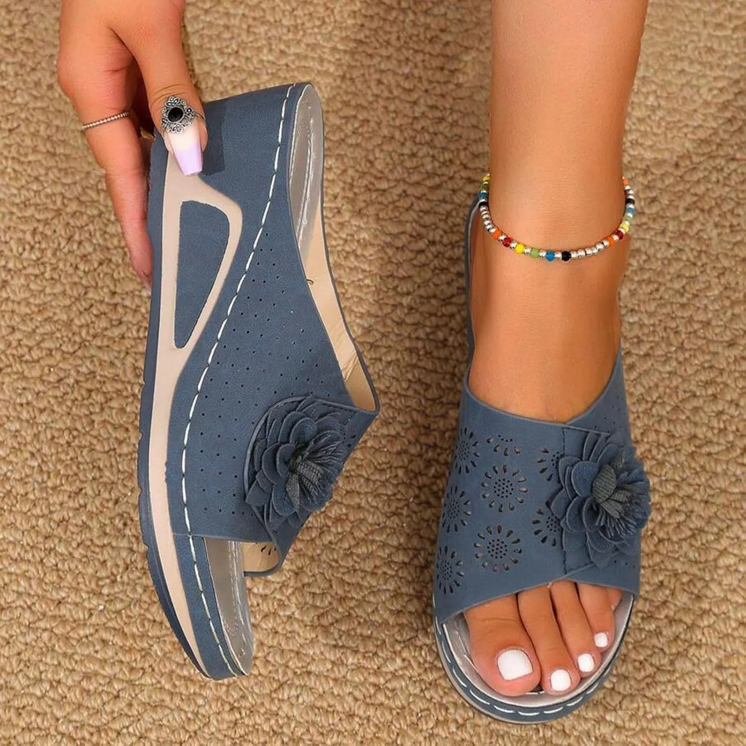 Wedge Sandals for Women 3D Floral Cutout Sandal Dressy Low Heel Arch Support Sandals Soft Insole Orthopedic Slippers Retro Bohemian Wedge Summer Shoes Casual Slip On Shoe
