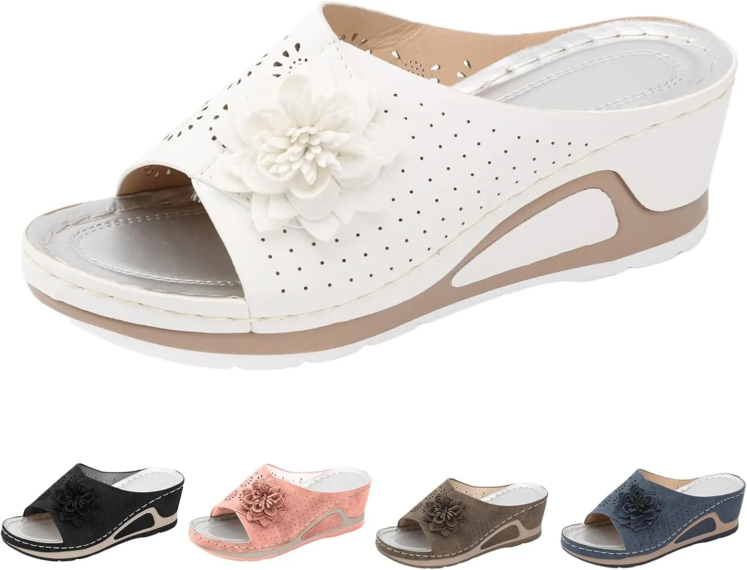 Wedge Sandals for Women 3D Floral Cutout Sandal Dressy Low Heel Arch Support Sandals Soft Insole Orthopedic Slippers Retro Bohemian Wedge Summer Shoes Casual Slip On Shoe
