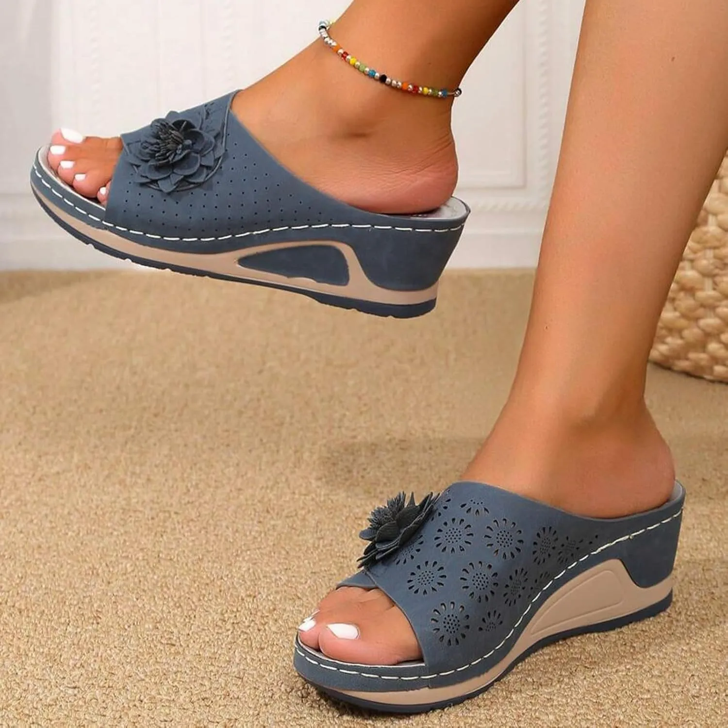 Wedge Sandals for Women 3D Floral Cutout Sandal Dressy Low Heel Arch Support Sandals Soft Insole Orthopedic Slippers Retro Bohemian Wedge Summer Shoes Casual Slip On Shoe