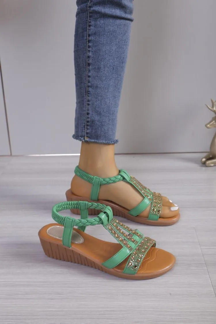 Wedge Sandals for Women,Comfortable Open Toe Sandal T-Strap Rhinestone Beaded Bohemia Beach Shoes Slip On Dressy Flat Sandals with Arch Support