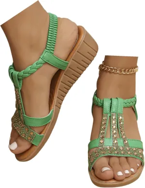 Wedge Sandals for Women,Comfortable Open Toe Sandal T-Strap Rhinestone Beaded Bohemia Beach Shoes Slip On Dressy Flat Sandals with Arch Support