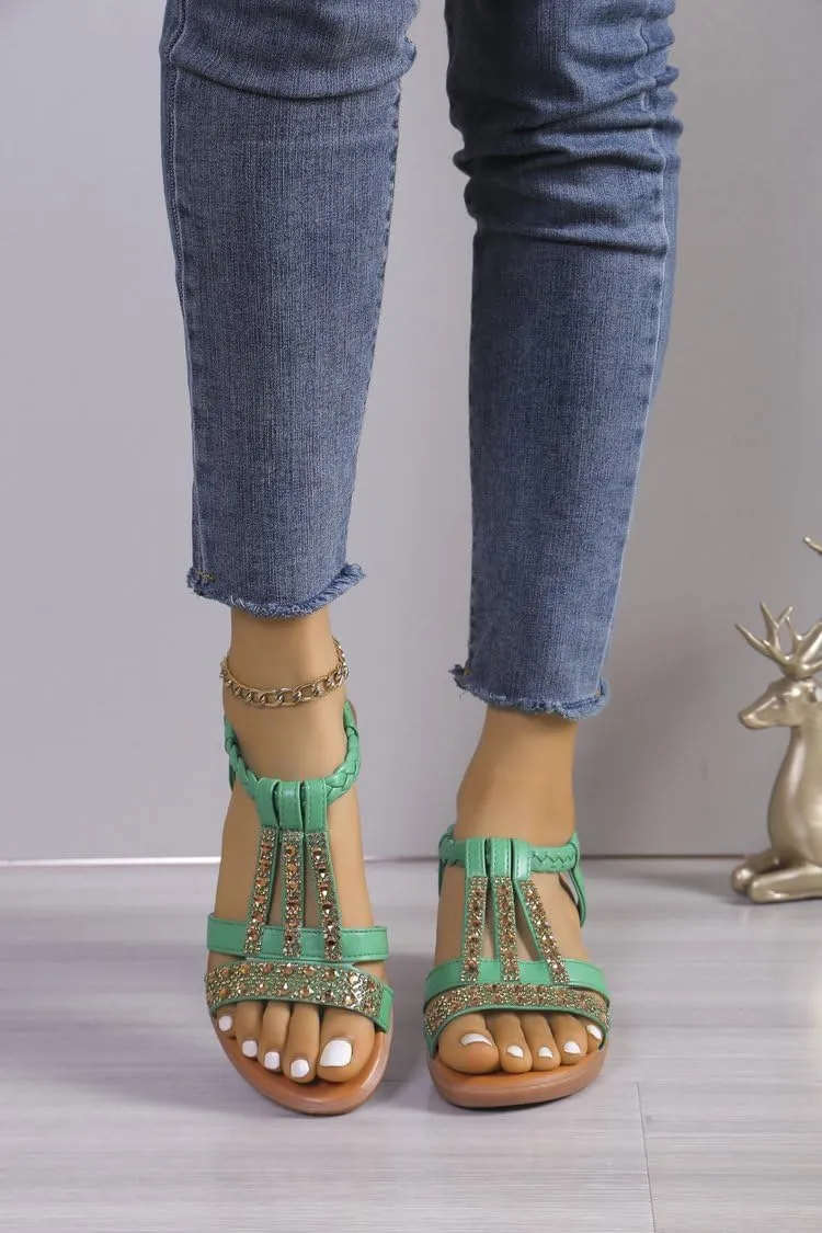 Wedge Sandals for Women,Comfortable Open Toe Sandal T-Strap Rhinestone Beaded Bohemia Beach Shoes Slip On Dressy Flat Sandals with Arch Support