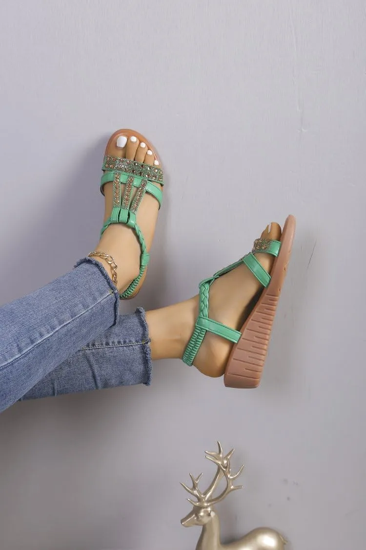 Wedge Sandals for Women,Comfortable Open Toe Sandal T-Strap Rhinestone Beaded Bohemia Beach Shoes Slip On Dressy Flat Sandals with Arch Support