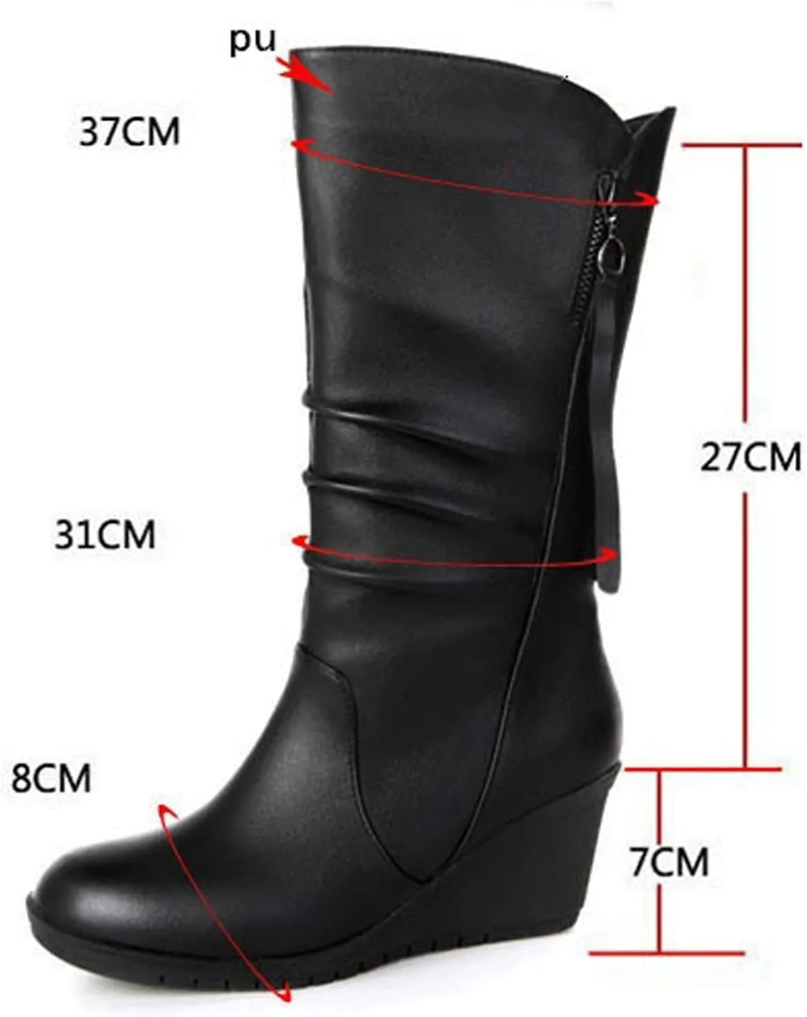 Wedge Snow Boots for Women Ladies Winter Warm Fur Lined Boots Leather Mid Calf Boots with Side Zipper Women's Riding Boots Tall Outdoor Walking Fuzzy Thermal Boots Comfortable Wide Width Shoes
