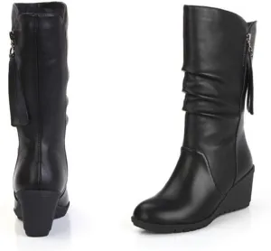 Wedge Snow Boots for Women Ladies Winter Warm Fur Lined Boots Leather Mid Calf Boots with Side Zipper Women's Riding Boots Tall Outdoor Walking Fuzzy Thermal Boots Comfortable Wide Width Shoes