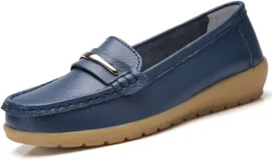 WERWAES Casual Penny Loafers for Women Moccasins Comfort Leather Mental Chain Classic Slip on Flats Breathable Walking Office Outdoor Womens Loafers