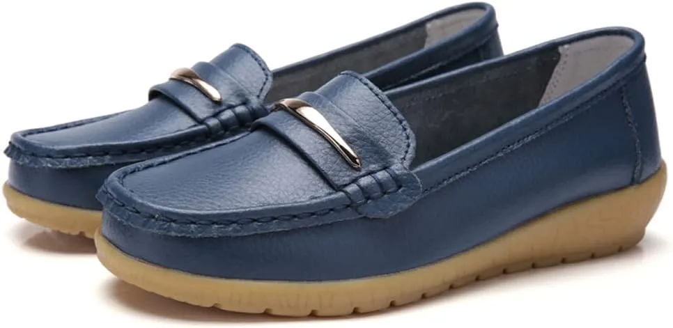 WERWAES Casual Penny Loafers for Women Moccasins Comfort Leather Mental Chain Classic Slip on Flats Breathable Walking Office Outdoor Womens Loafers