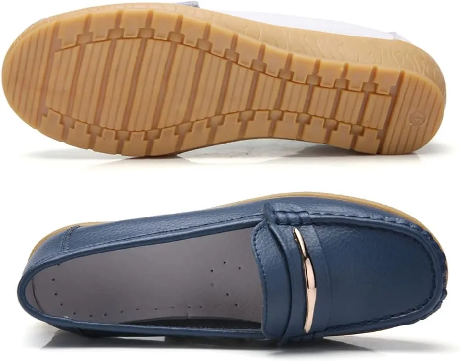 WERWAES Casual Penny Loafers for Women Moccasins Comfort Leather Mental Chain Classic Slip on Flats Breathable Walking Office Outdoor Womens Loafers