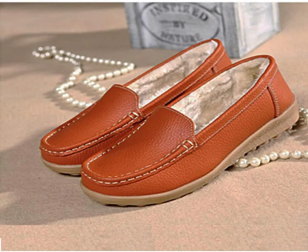 WERWAES Casual Womens Loafers Shoes Slip on Winter Flat Comfortable Warm Cloth Leather Non-slip Moccasins Loafer Shoes for Indoor and Outdoor