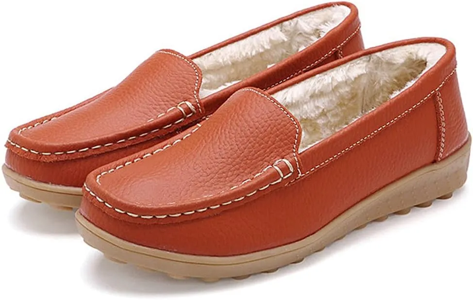 WERWAES Casual Womens Loafers Shoes Slip on Winter Flat Comfortable Warm Cloth Leather Non-slip Moccasins Loafer Shoes for Indoor and Outdoor