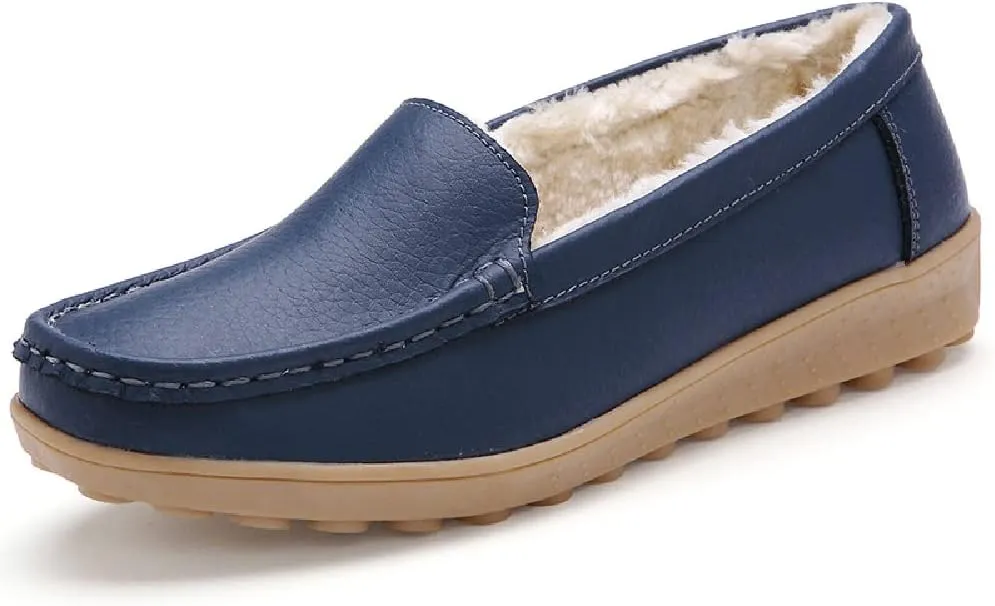 WERWAES Casual Womens Loafers Shoes Slip on Winter Flat Comfortable Warm Cloth Leather Non-slip Moccasins Loafer Shoes for Indoor and Outdoor
