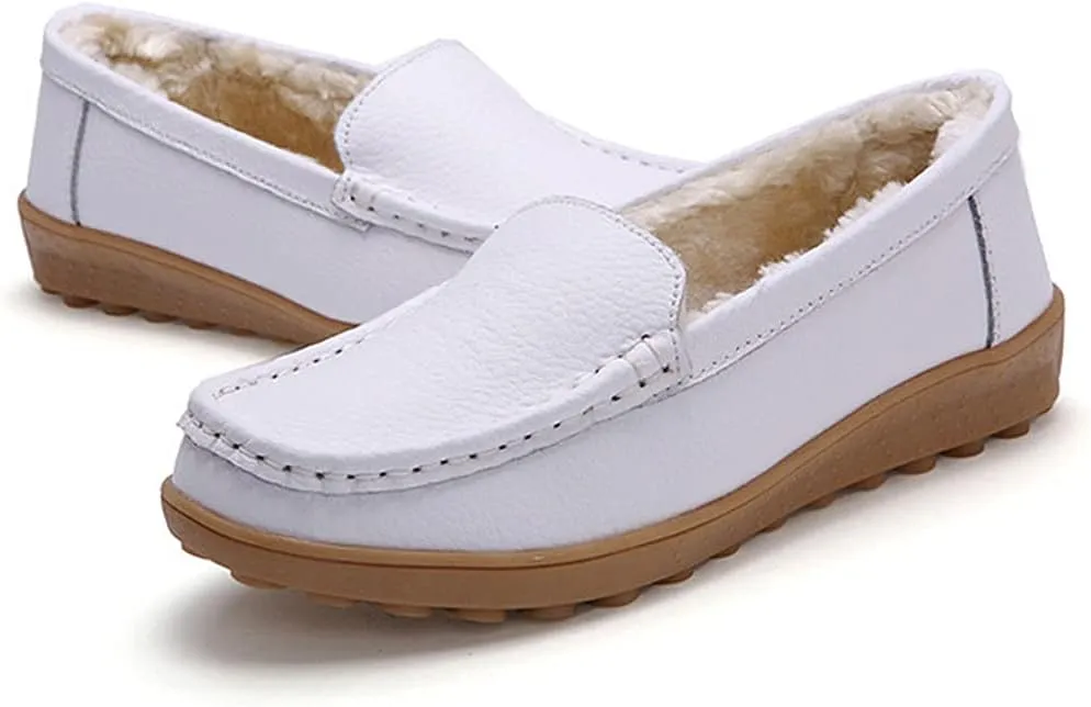 WERWAES Casual Womens Loafers Shoes Slip on Winter Flat Comfortable Warm Cloth Leather Non-slip Moccasins Loafer Shoes for Indoor and Outdoor