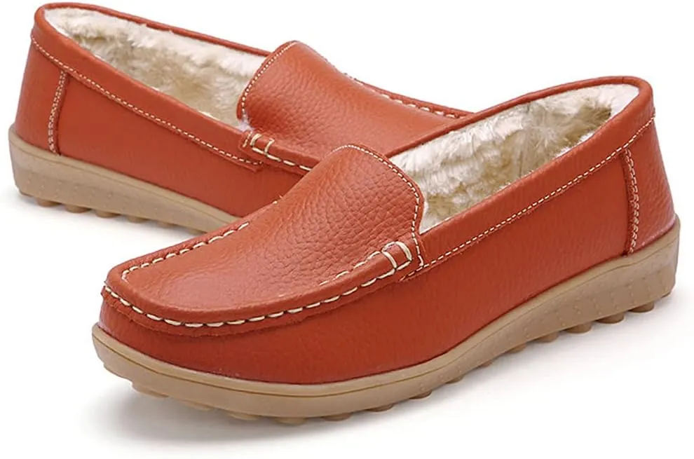 WERWAES Casual Womens Loafers Shoes Slip on Winter Flat Comfortable Warm Cloth Leather Non-slip Moccasins Loafer Shoes for Indoor and Outdoor