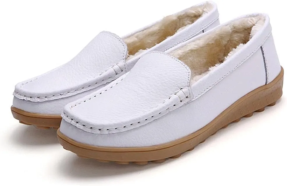 WERWAES Casual Womens Loafers Shoes Slip on Winter Flat Comfortable Warm Cloth Leather Non-slip Moccasins Loafer Shoes for Indoor and Outdoor