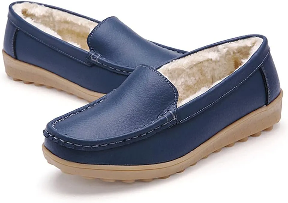 WERWAES Casual Womens Loafers Shoes Slip on Winter Flat Comfortable Warm Cloth Leather Non-slip Moccasins Loafer Shoes for Indoor and Outdoor