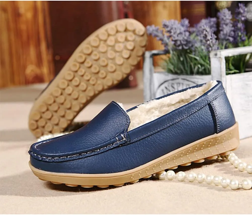 WERWAES Casual Womens Loafers Shoes Slip on Winter Flat Comfortable Warm Cloth Leather Non-slip Moccasins Loafer Shoes for Indoor and Outdoor