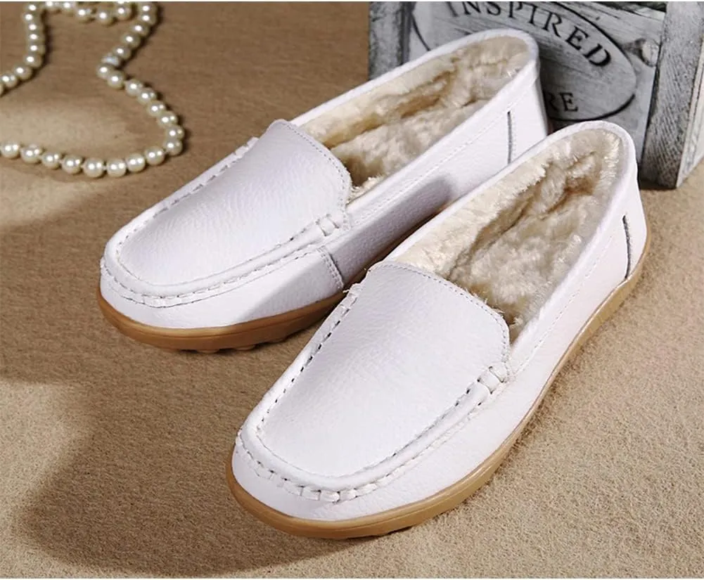 WERWAES Casual Womens Loafers Shoes Slip on Winter Flat Comfortable Warm Cloth Leather Non-slip Moccasins Loafer Shoes for Indoor and Outdoor