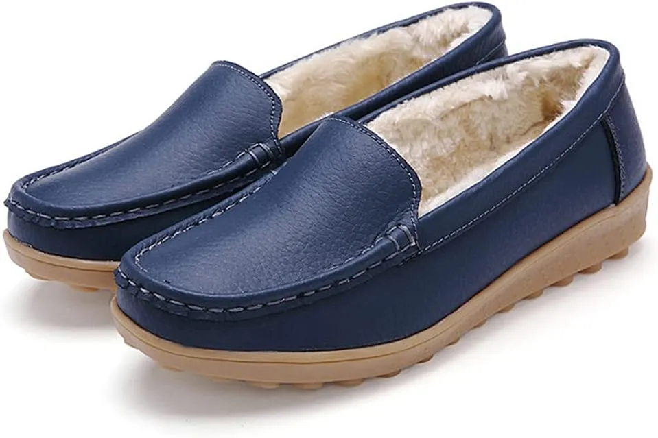 WERWAES Casual Womens Loafers Shoes Slip on Winter Flat Comfortable Warm Cloth Leather Non-slip Moccasins Loafer Shoes for Indoor and Outdoor