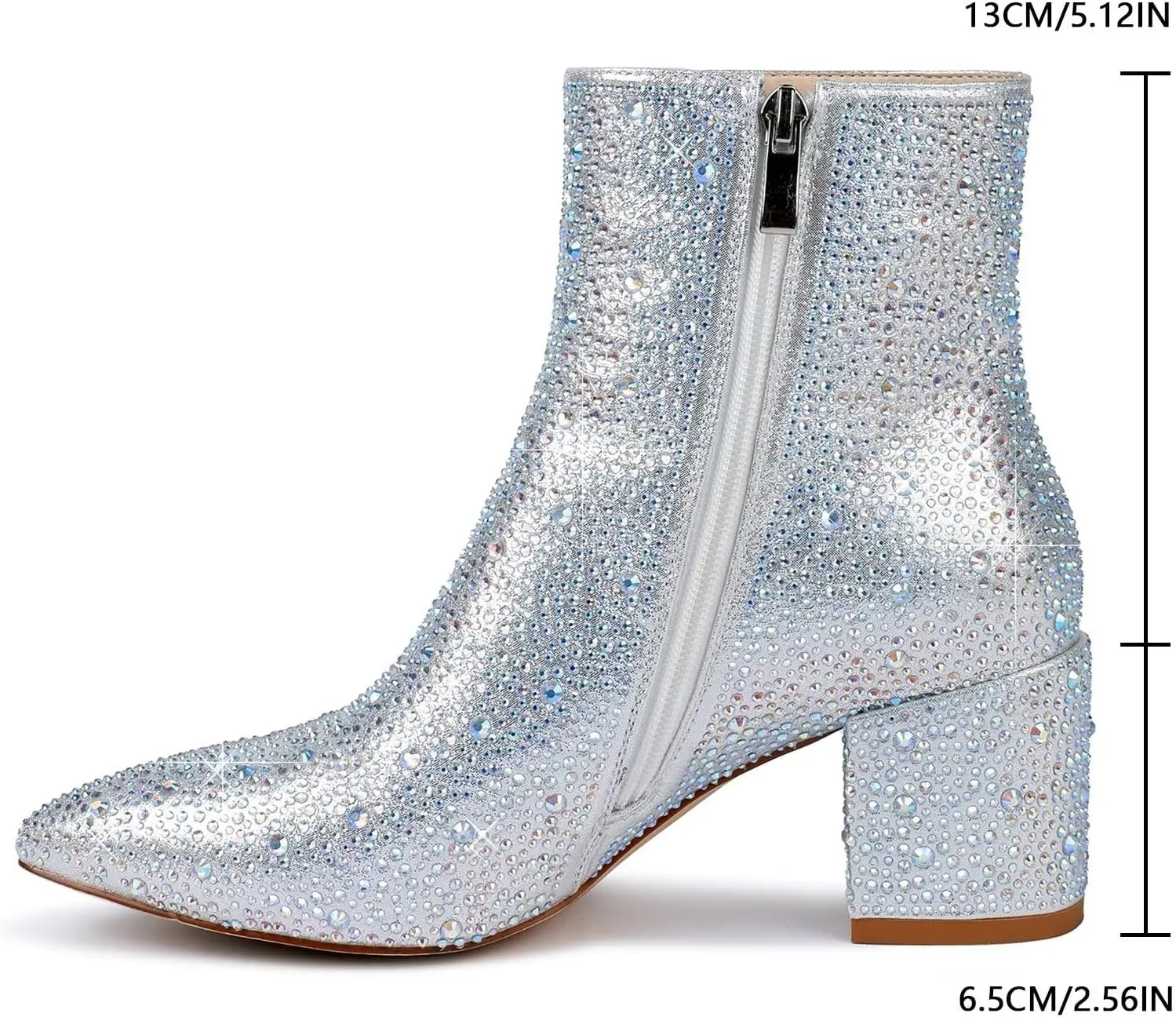wetkiss Rhinestone/PU Low Chunky Pointed Toe Knee High Boots for Women with Full Bling Sparkly Crystals Booties for Wedding Party Date Dress