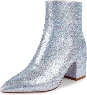 wetkiss Rhinestone/PU Low Chunky Pointed Toe Knee High Boots for Women with Full Bling Sparkly Crystals Booties for Wedding Party Date Dress