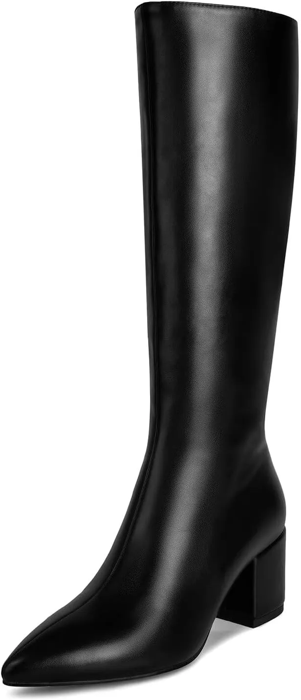 wetkiss Rhinestone/PU Low Chunky Pointed Toe Knee High Boots for Women with Full Bling Sparkly Crystals Booties for Wedding Party Date Dress