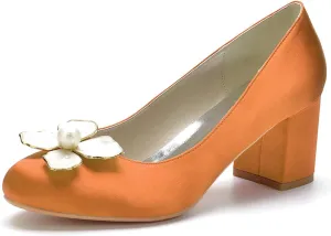 White Wedding Shoes Women's Closed Toe 2.36 Inches Chunky Heel Satin Pumps Pearl Bridal Shoes