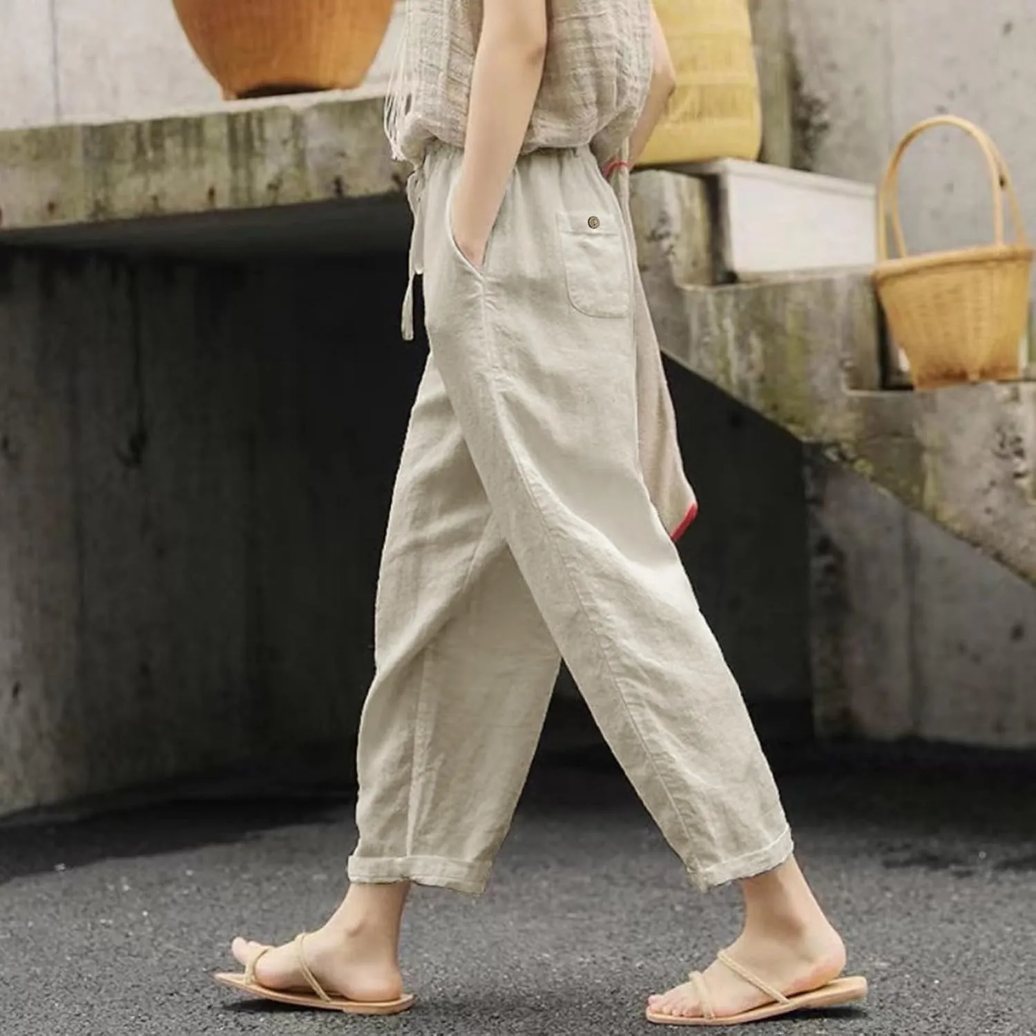 Wide Leg Linen Pants Woman Comfy Linen Pants Waist Trouser Wide Leg Pant with Pocket Fashion Pant Linen Cropped Pants