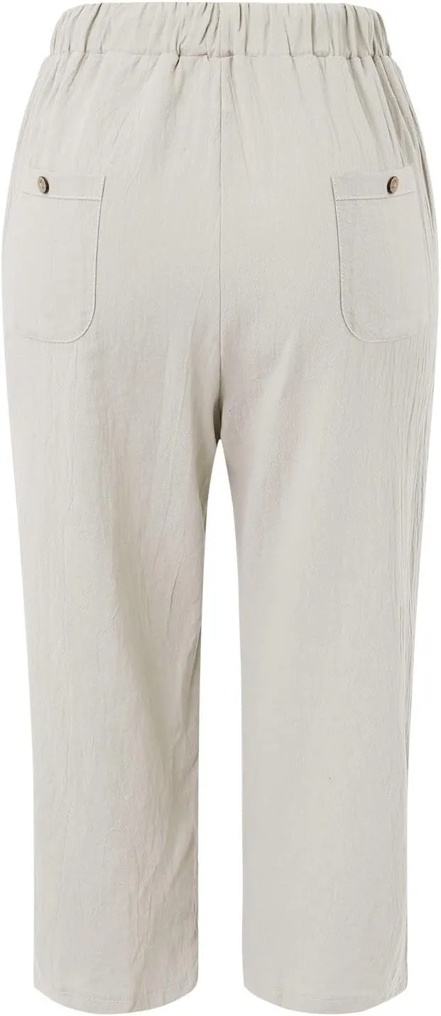 Wide Leg Linen Pants Woman Comfy Linen Pants Waist Trouser Wide Leg Pant with Pocket Fashion Pant Linen Cropped Pants