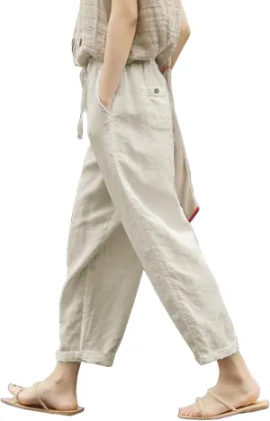 Wide Leg Linen Pants Woman Comfy Linen Pants Waist Trouser Wide Leg Pant with Pocket Fashion Pant Linen Cropped Pants
