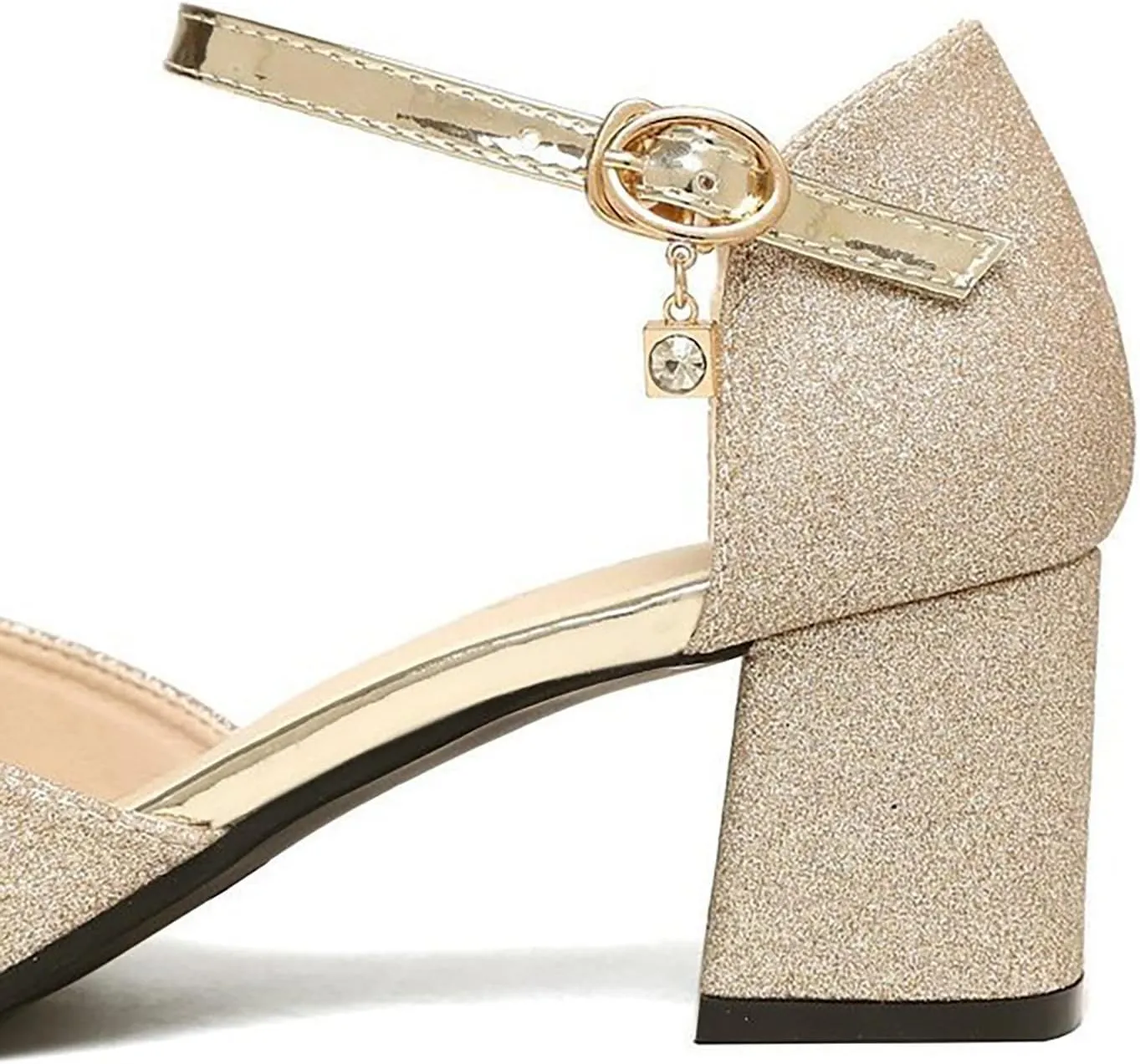 Wide Sandals for Women Wide Width Women's Summer New Korean Style Fashion Medium Heel Thick Heel Sequin One Line Buckle Casual Large Sandals (Gold, 7.5)