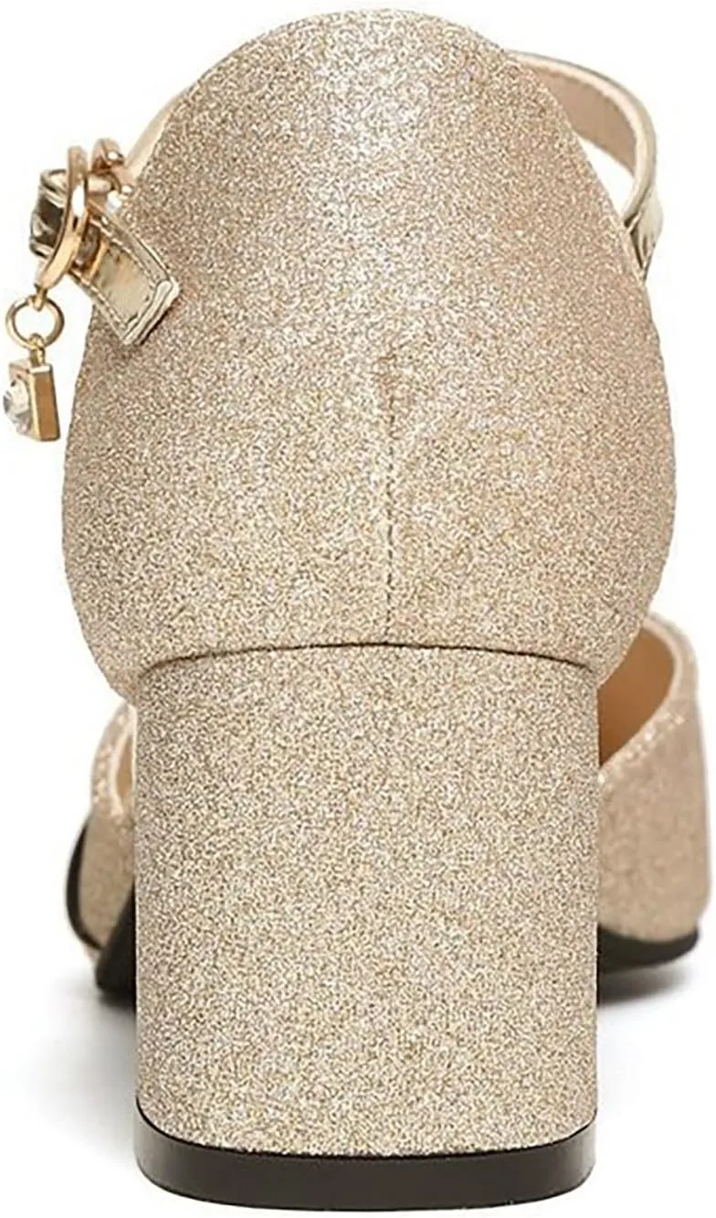 Wide Sandals for Women Wide Width Women's Summer New Korean Style Fashion Medium Heel Thick Heel Sequin One Line Buckle Casual Large Sandals (Gold, 7.5)