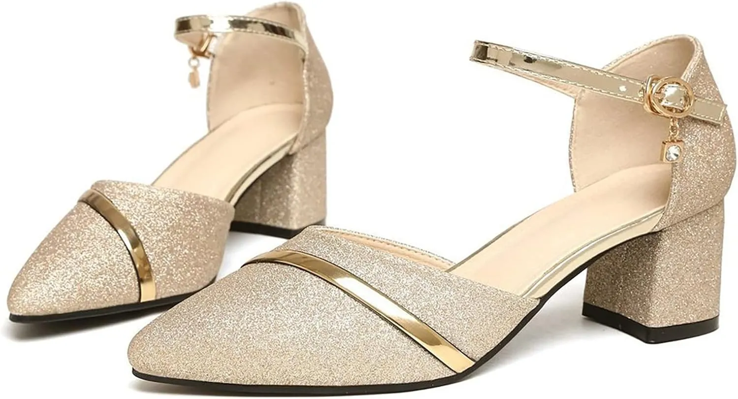 Wide Sandals for Women Wide Width Women's Summer New Korean Style Fashion Medium Heel Thick Heel Sequin One Line Buckle Casual Large Sandals (Gold, 7.5)